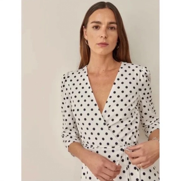 NEW Reformation Hilltop Midi Wrap Dress w/ Sleeves Polka Dot Malta Size S - Picture 5 of 14